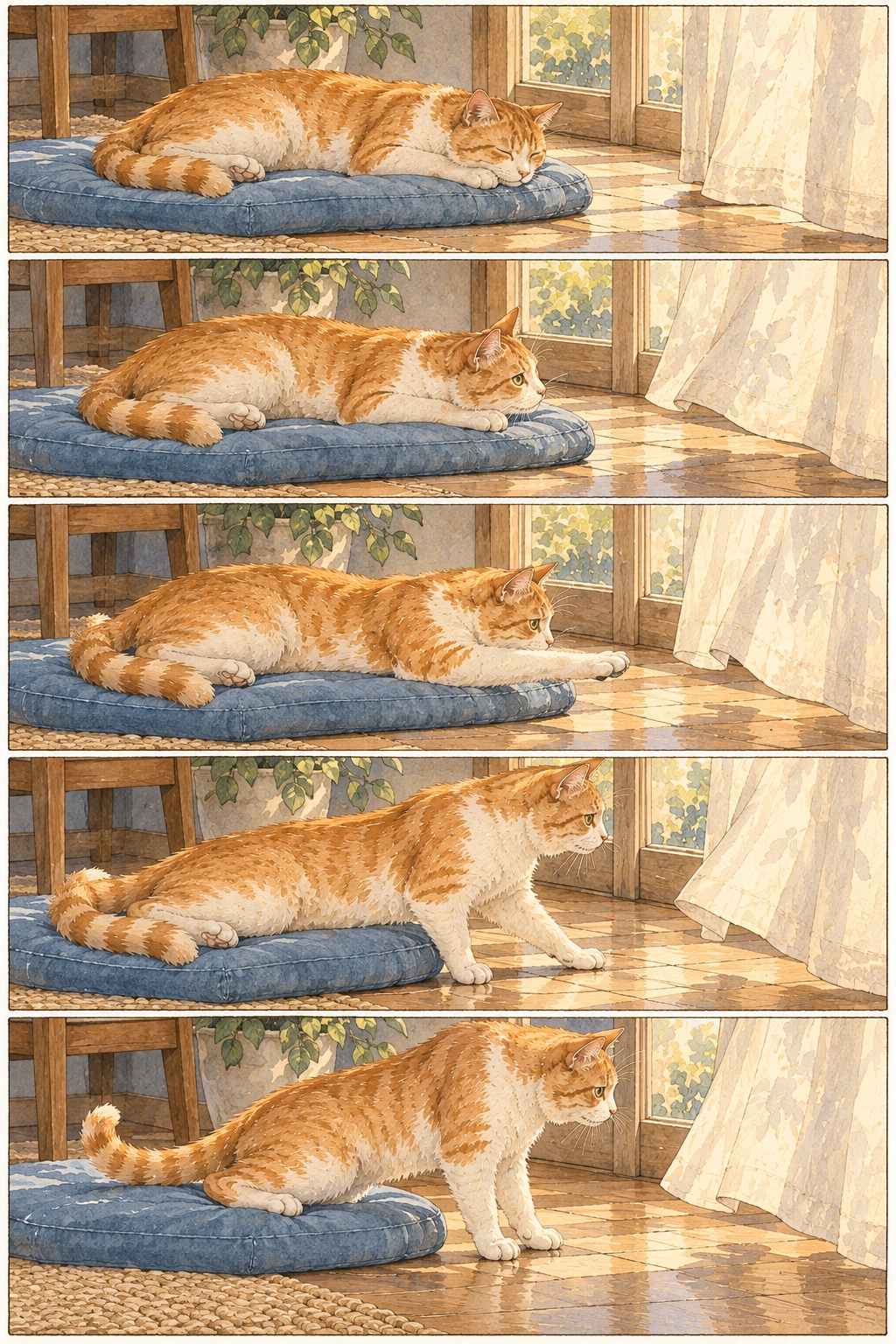日だまりで横になった猫が揺れる布へ前足を伸ばし、起き上がりかける。