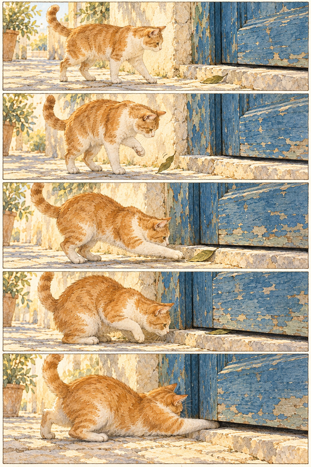 青い扉の前で葉を追った猫が、扉の下の隙間へ前足を差し込む。