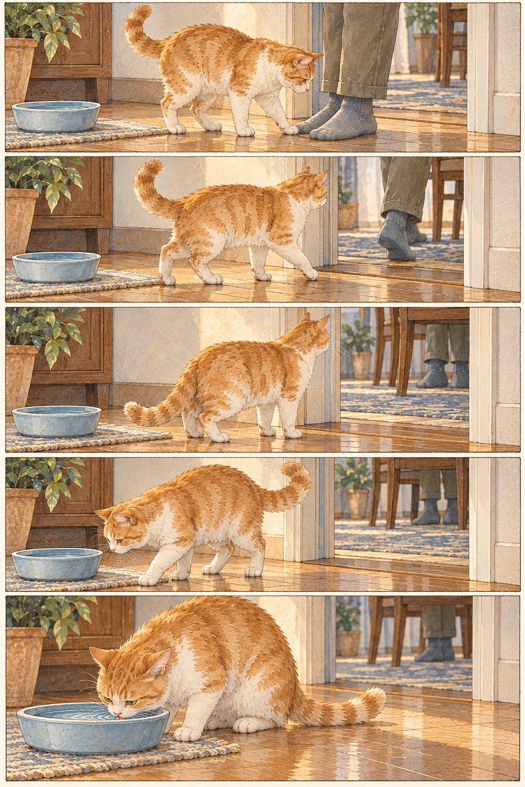 隣室へ向かう足を追いかけた猫が戸口で止まり、水皿へ戻って耳だけを戸口へ向ける。