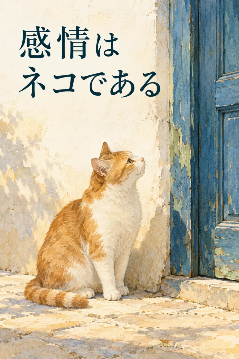 『感情はネコである』表紙 — 青い扉の前で、上を見上げて座る茶トラの猫